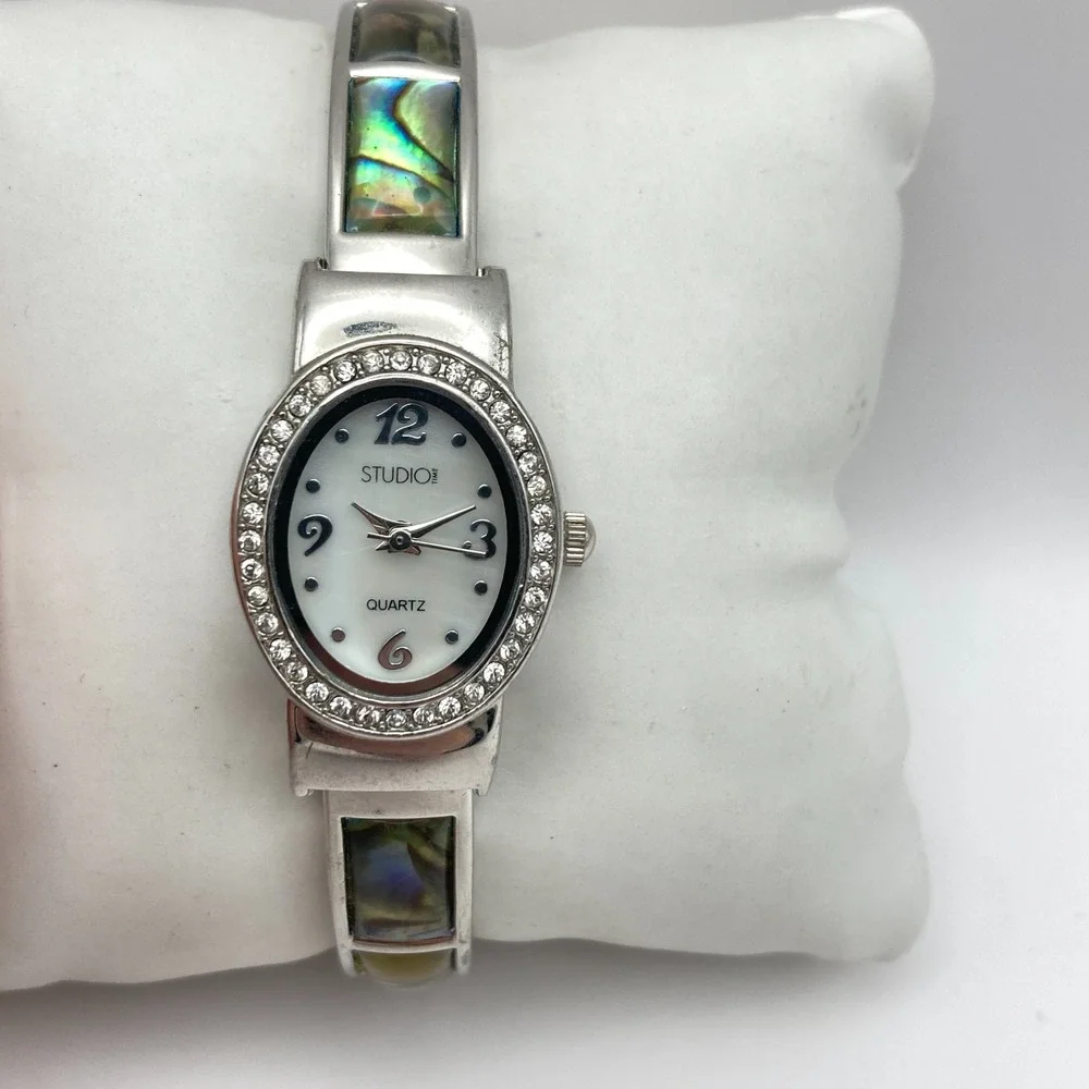 Studio Time Women's Watch 20mm Abalone Silver Tone MOP Crystals Cuff New Battery